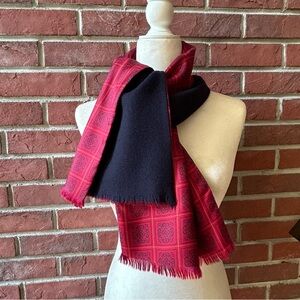 •Burgundy Red Silk Graphic Print & Navy Wool Scarf 10”x52” Unisex NWOT